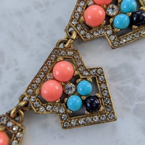 J. Crew antiqued gold tone orange/peach & blue statement necklace, rhinestones - Picture 10 of 11